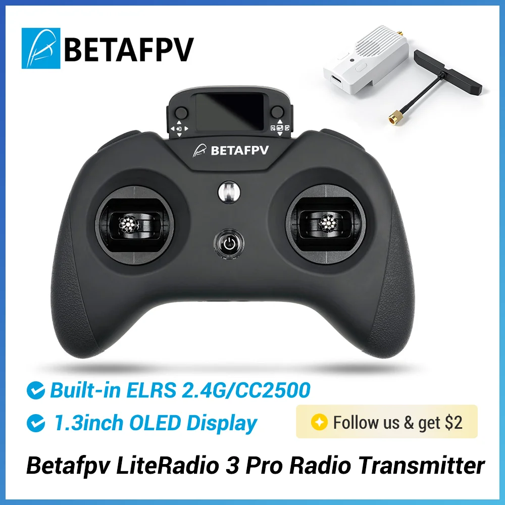 Front view of the BETAFPV LiteRadio 3 Pro radio transmitter highlighting its controls and display.