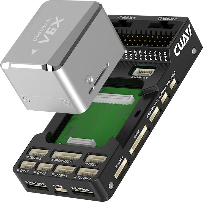 CUAV Pixhawk V6X autopilot in its black aluminum enclosure with labeled power and data ports.