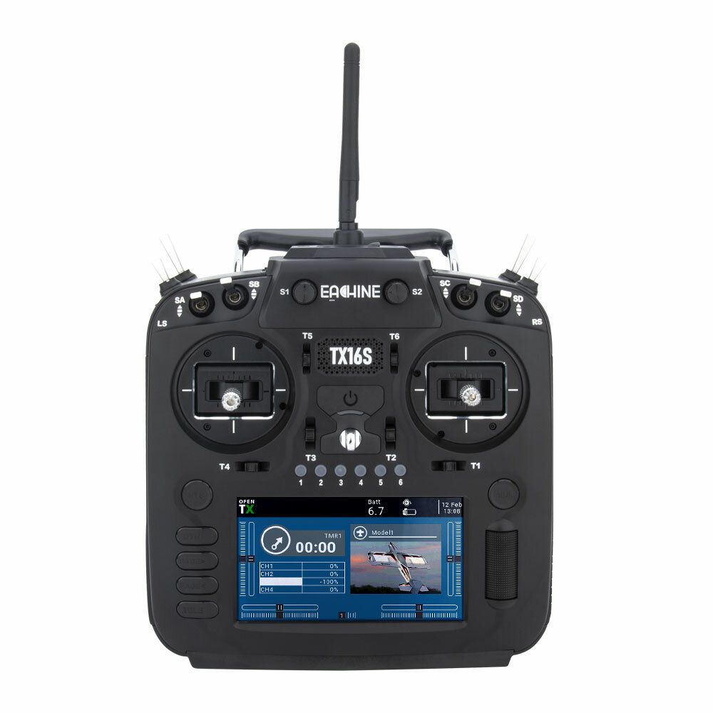 Front view of the Eachine TX16S radio transmitter highlighting its controls and display.