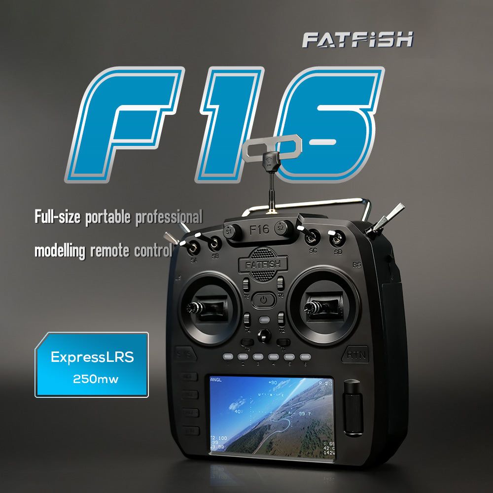 Front view of the FatFish F16 radio transmitter highlighting its controls and display.