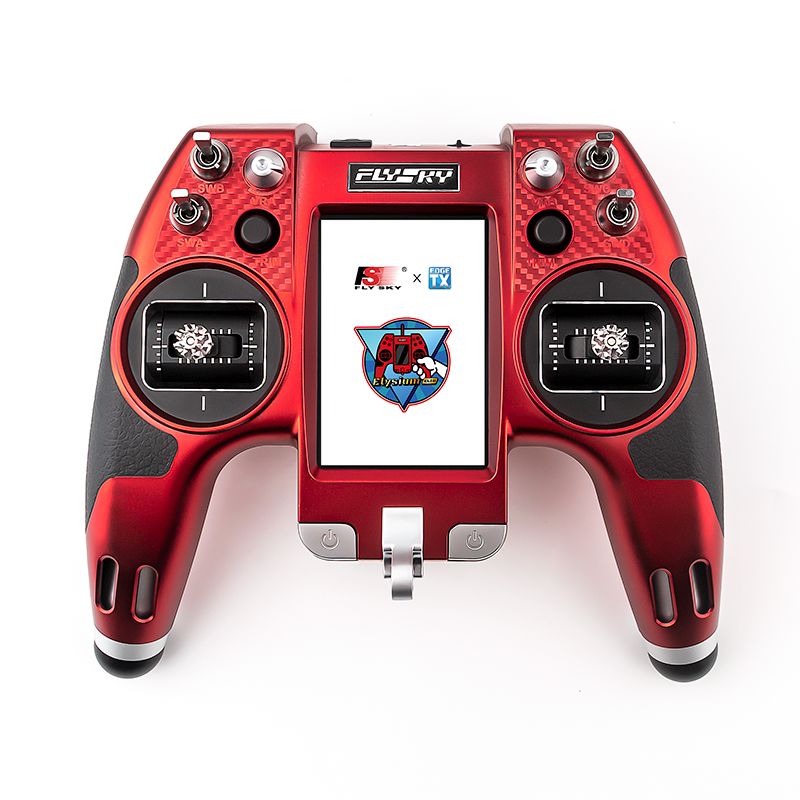 Front view of the Flysky EL18 radio transmitter highlighting its controls and display.