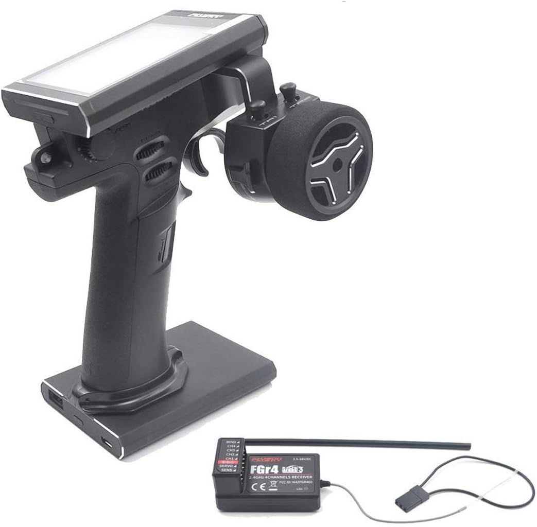 Front view of the Flysky NB4+ radio transmitter highlighting its controls and display.