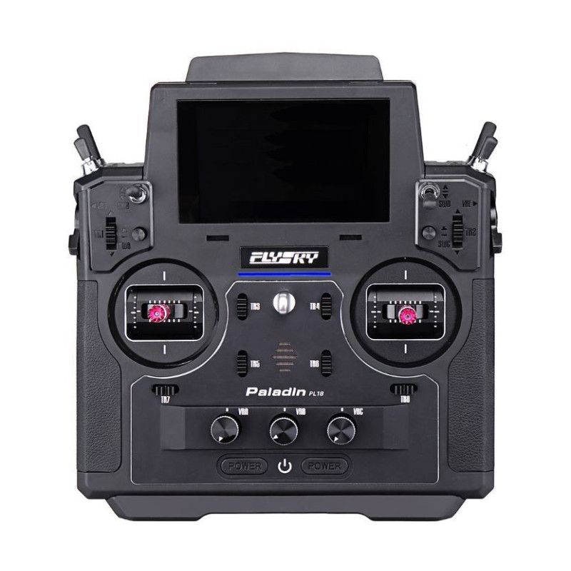 Front view of the Flysky PL18 Series radio transmitter highlighting its controls and display.