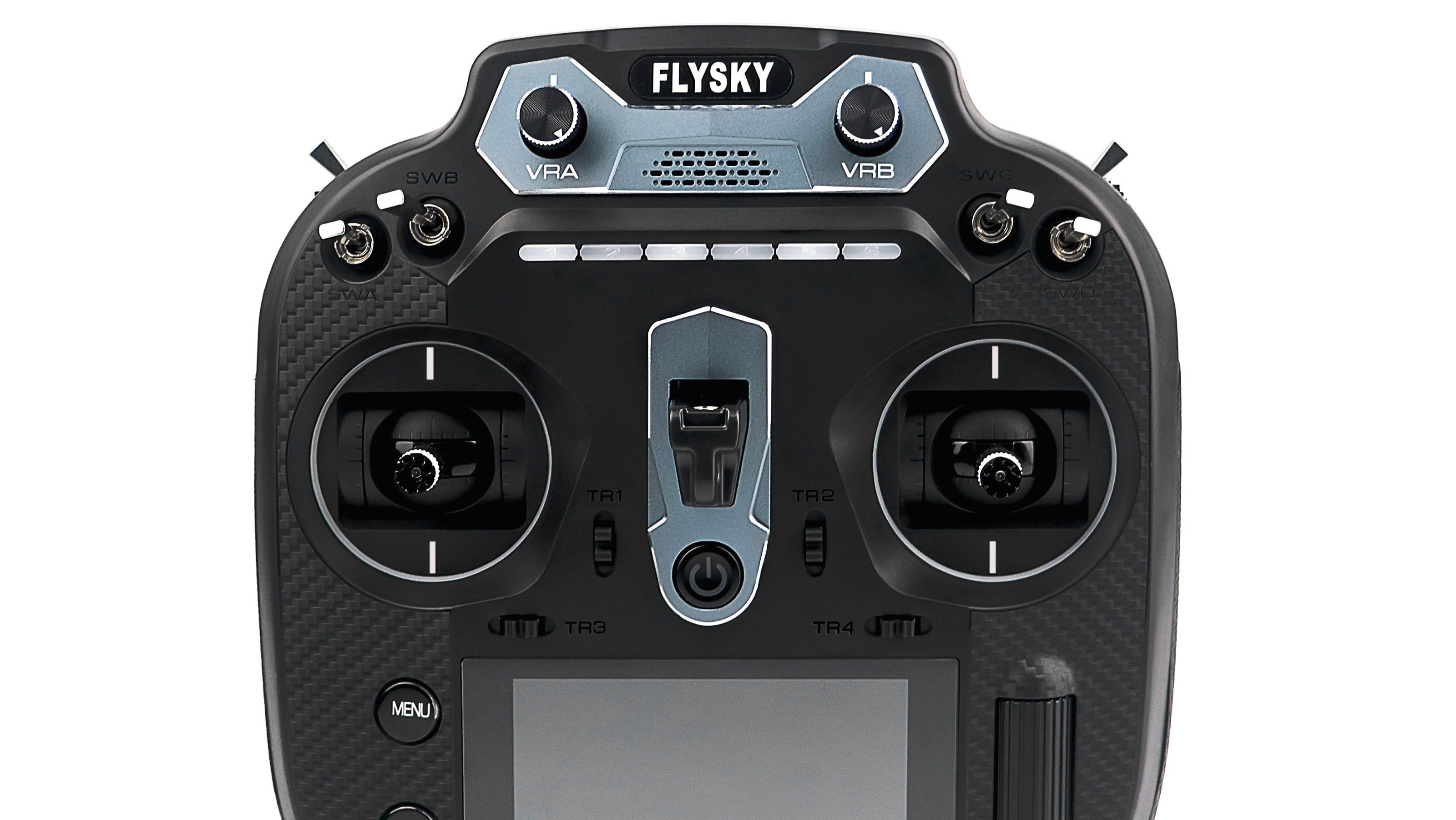 Front view of the Flysky ST16 radio transmitter highlighting its controls and display.