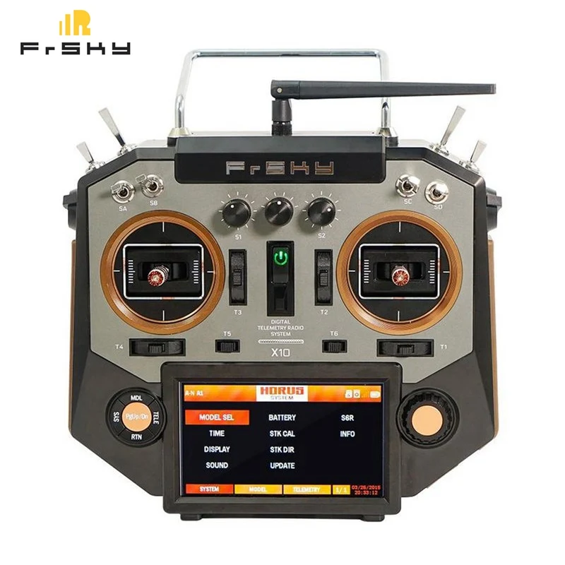 Front view of the FrSky X10 Series radio transmitter highlighting its controls and display.