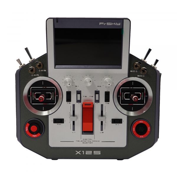 Front view of the FrSky X12S Series radio transmitter highlighting its controls and display.