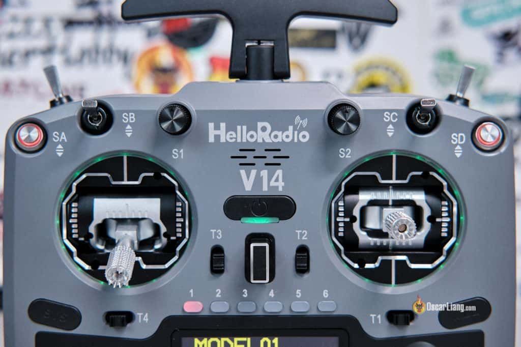 Front view of the HelloRadioSky V14 radio transmitter highlighting its controls and display.