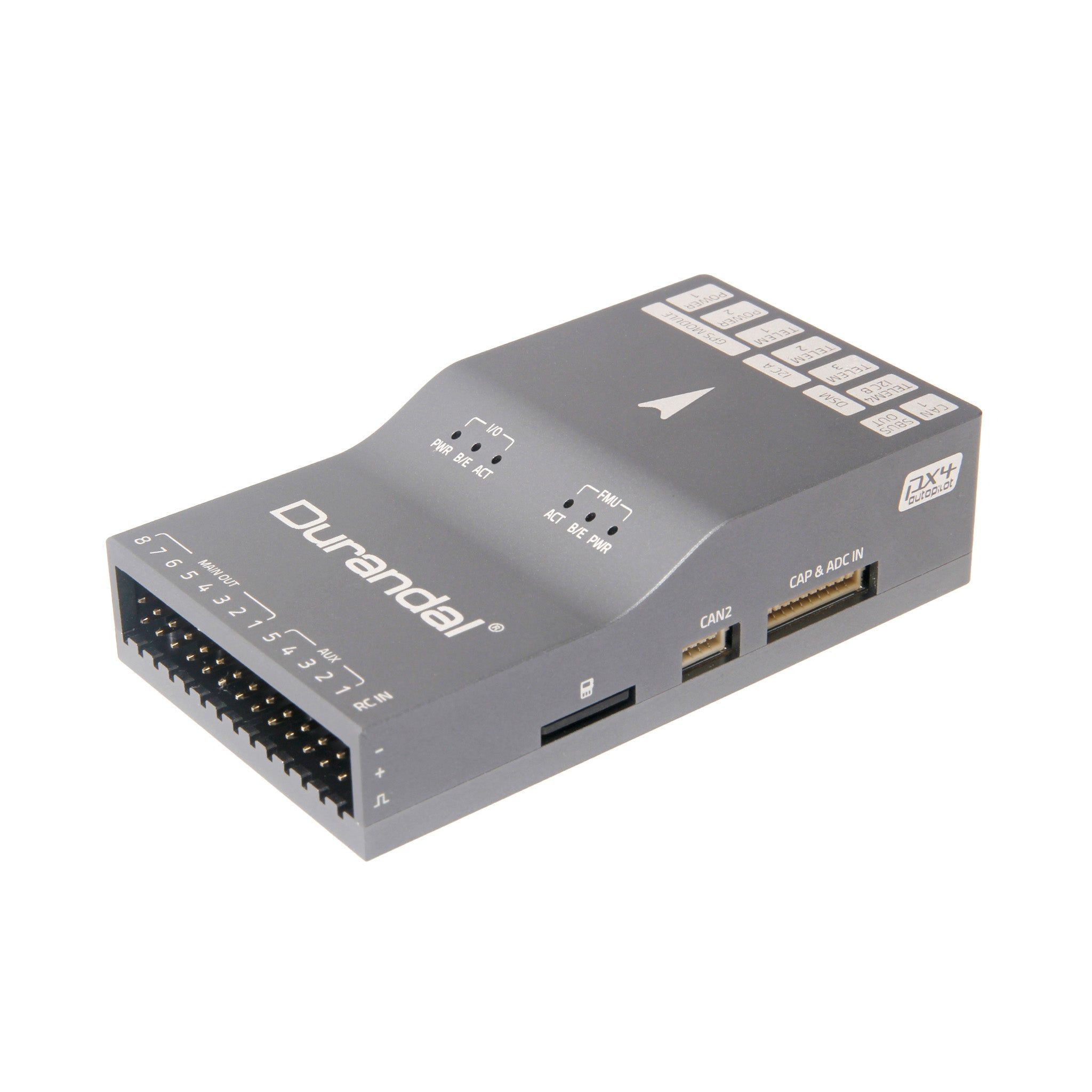 Holybro Durandal autopilot with red aluminum heat sink and exposed carrier board connectors.