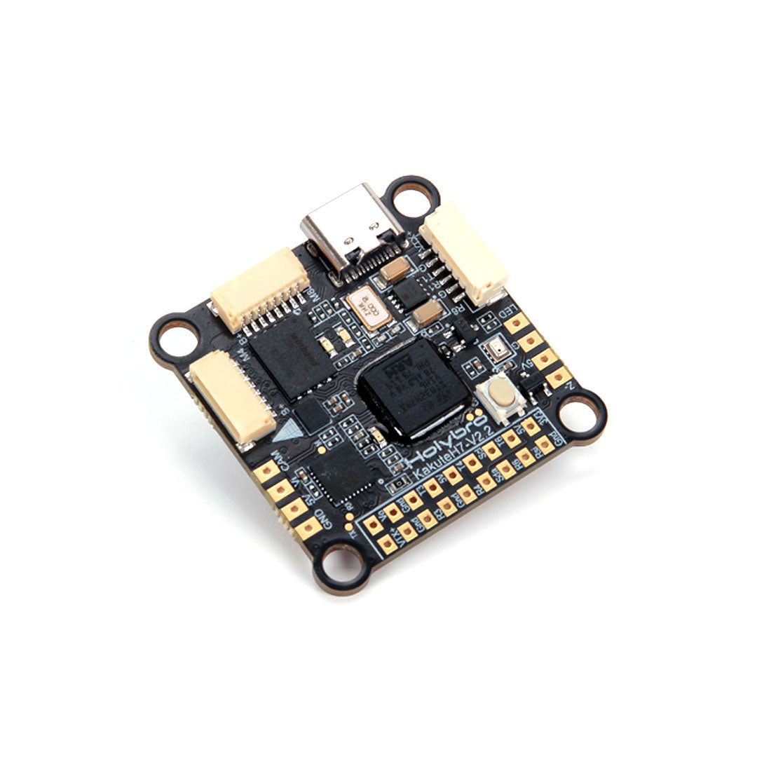 Holybro Kakute H7 V2 flight controller board shown at an angle highlighting the stacked layout.