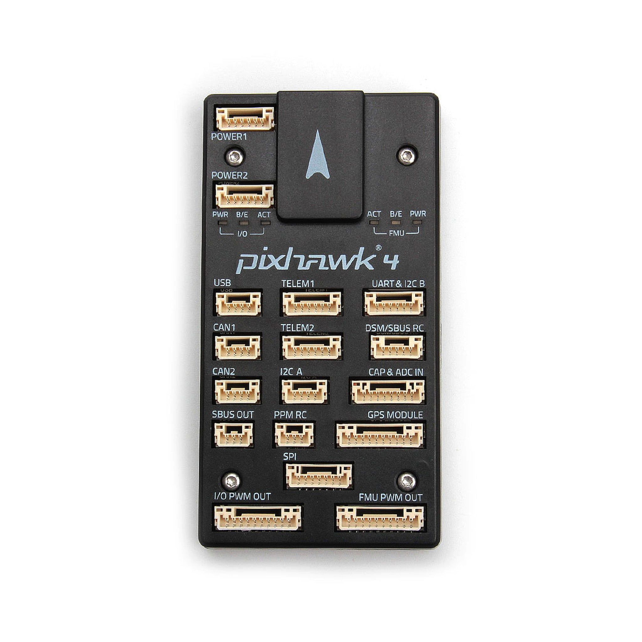 Holybro Pixhawk 4 autopilot enclosure with white housing and labeled connectors.