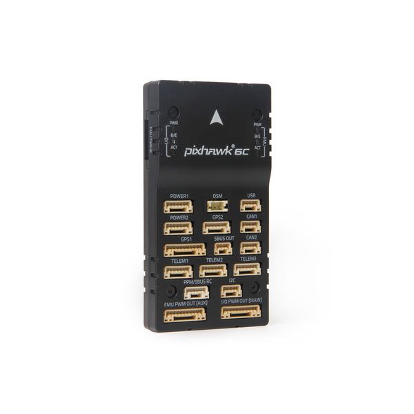 Holybro Pixhawk 6C autopilot in its plastic enclosure with side connector array.
