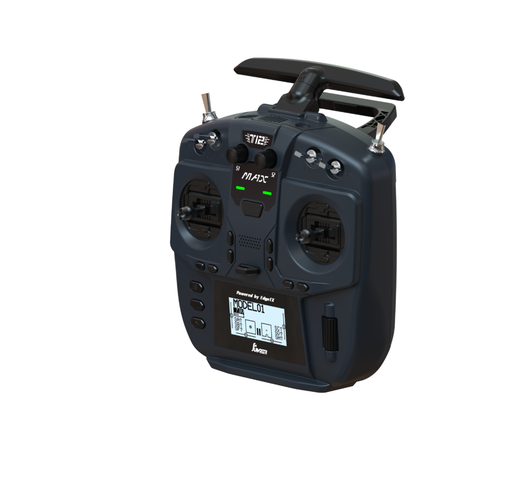 Front view of the Jumper T12 Max radio transmitter highlighting its controls and display.