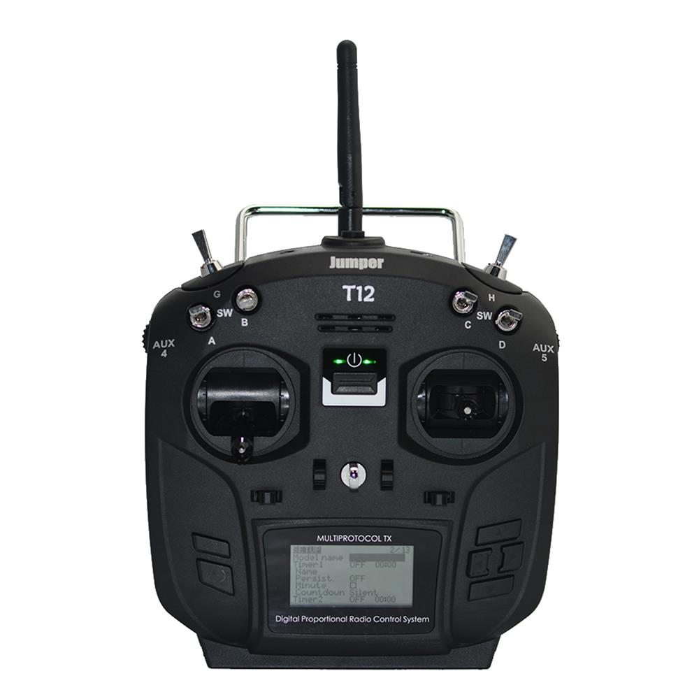 Front view of the Jumper T12 Series radio transmitter highlighting its controls and display.