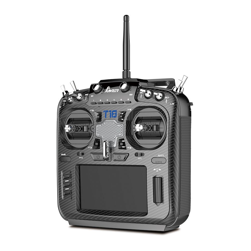 Front view of the Jumper T18 Series radio transmitter highlighting its controls and display.