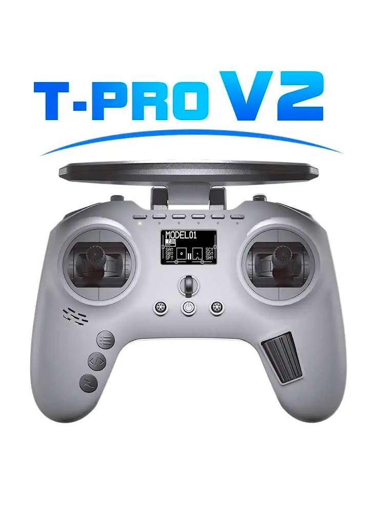 Front view of the Jumper T-Pro V2 radio transmitter highlighting its controls and display.