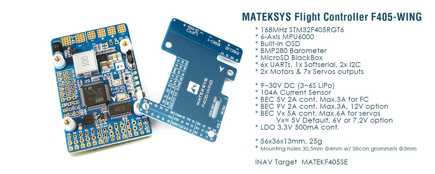 Mateksys F405-Wing flight controller board viewed from above showing labeled pads and connectors.
