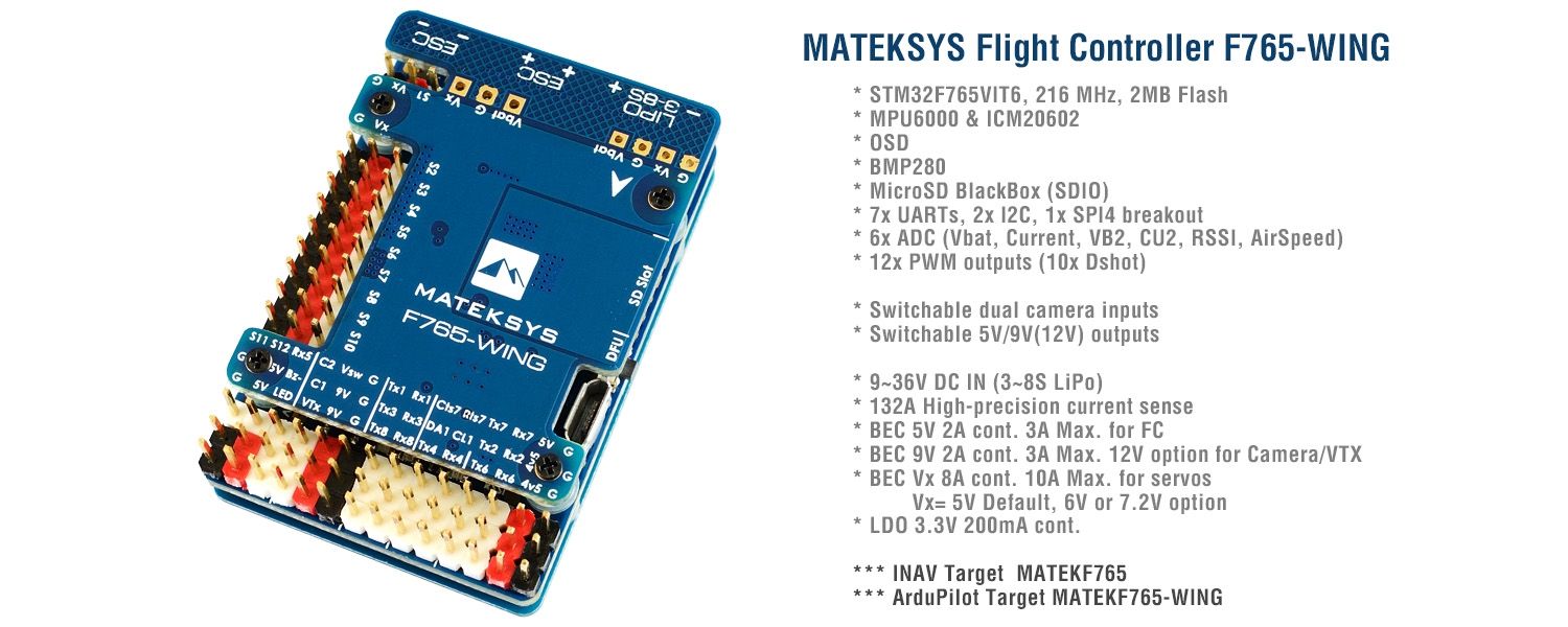 Mateksys F765-Wing controller board with gold connectors and dual rows of servo pins.