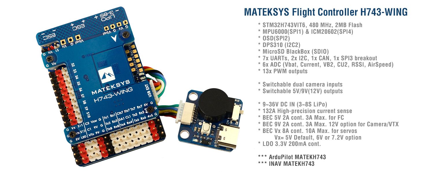 Mateksys H743-Wing board showing dual IMU shielding and servo headers across the edges.