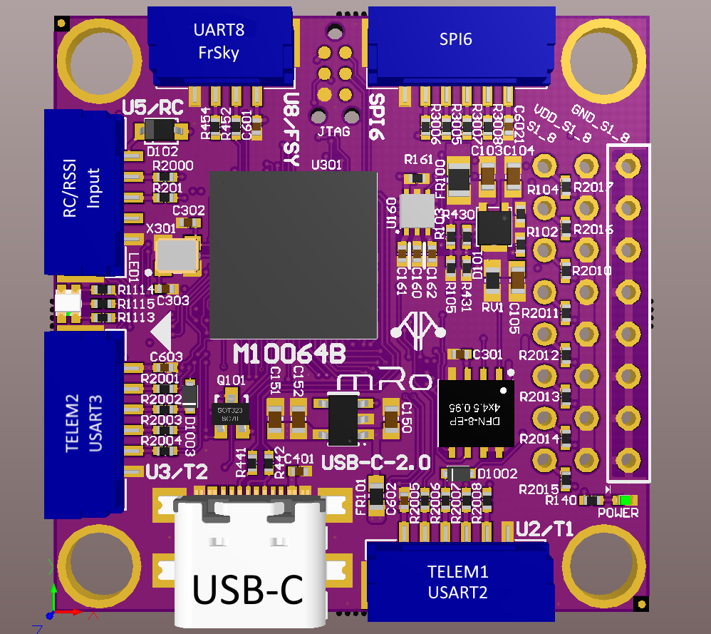 mRo Pixracer Pro flight controller board with JST-GH connectors across the top edge.
