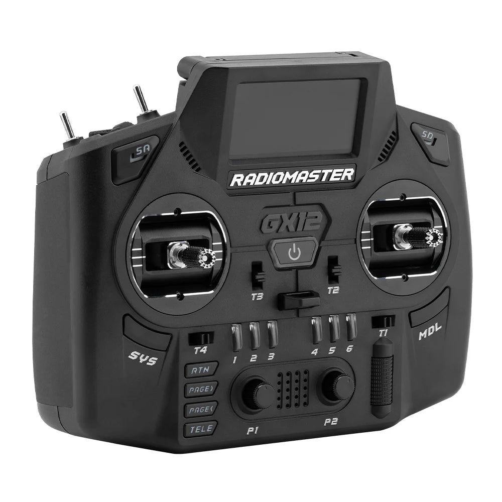 Front view of the RadioMaster GX12 radio transmitter highlighting its controls and display.