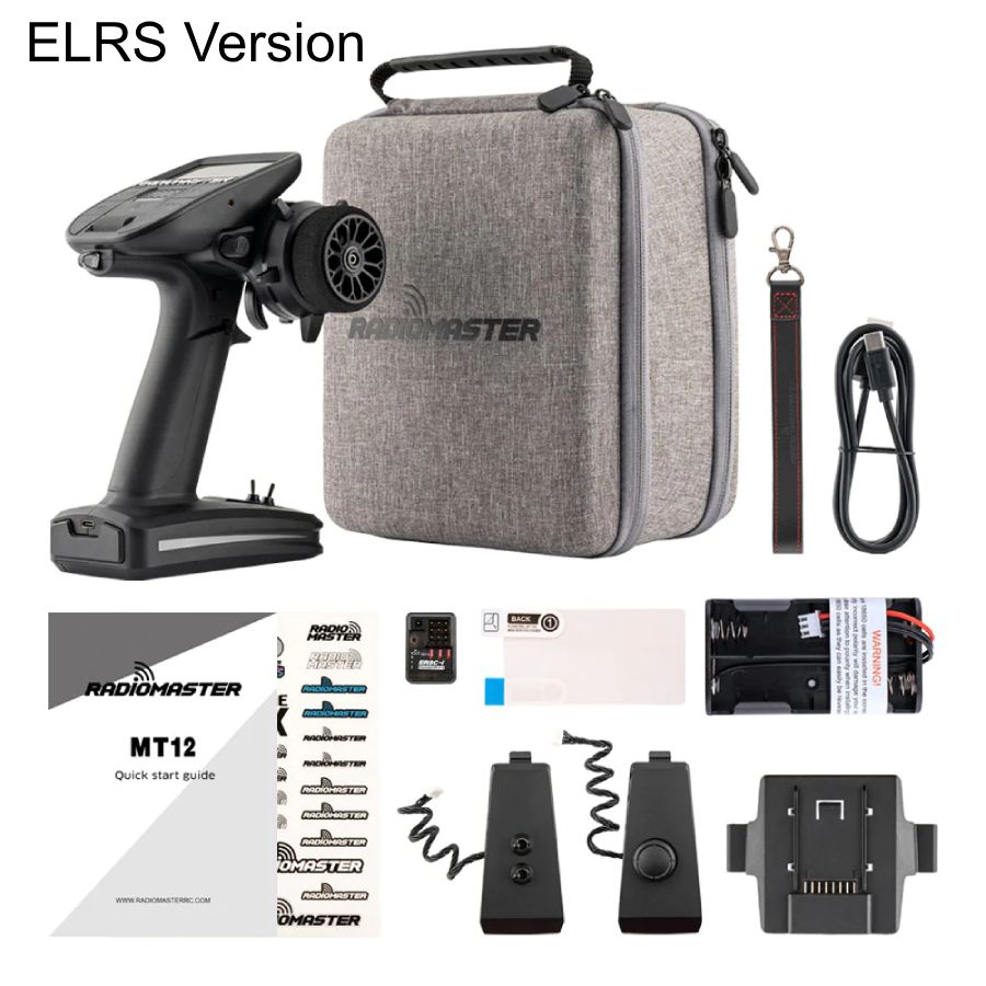 Front view of the RadioMaster MT12 radio transmitter highlighting its controls and display.