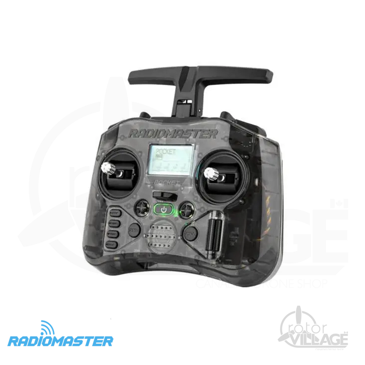 Front view of the RadioMaster Pocket radio transmitter highlighting its controls and display.