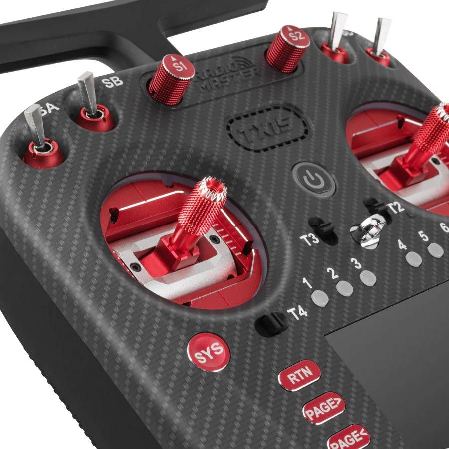 Front view of the RadioMaster TX15 radio transmitter highlighting its controls and display.