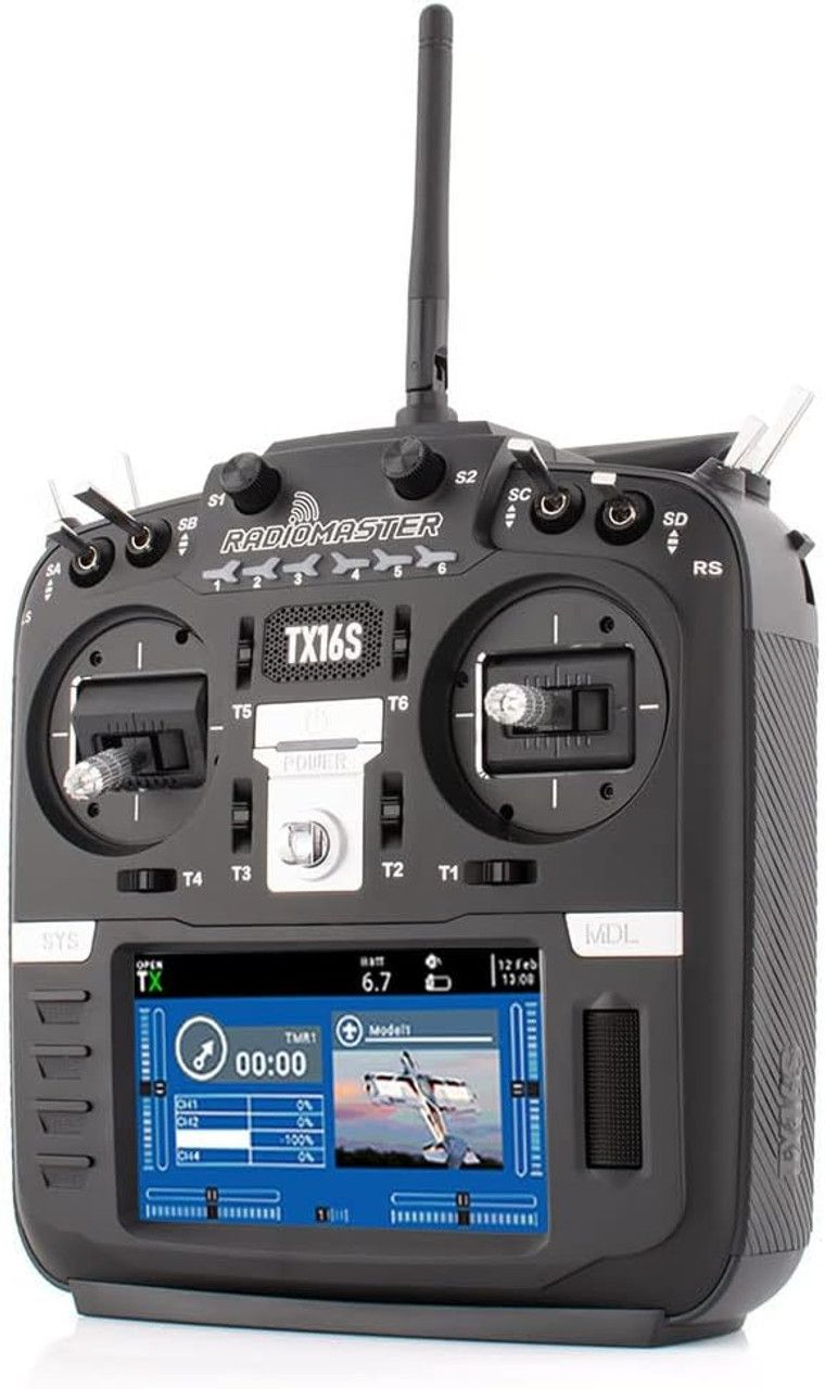 Front view of the RadioMaster TX16S Series radio transmitter highlighting its controls and display.