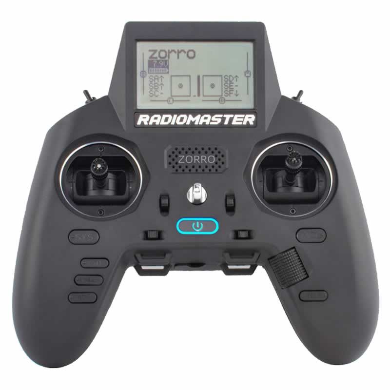 Front view of the RadioMaster Zorro radio transmitter highlighting its controls and display.